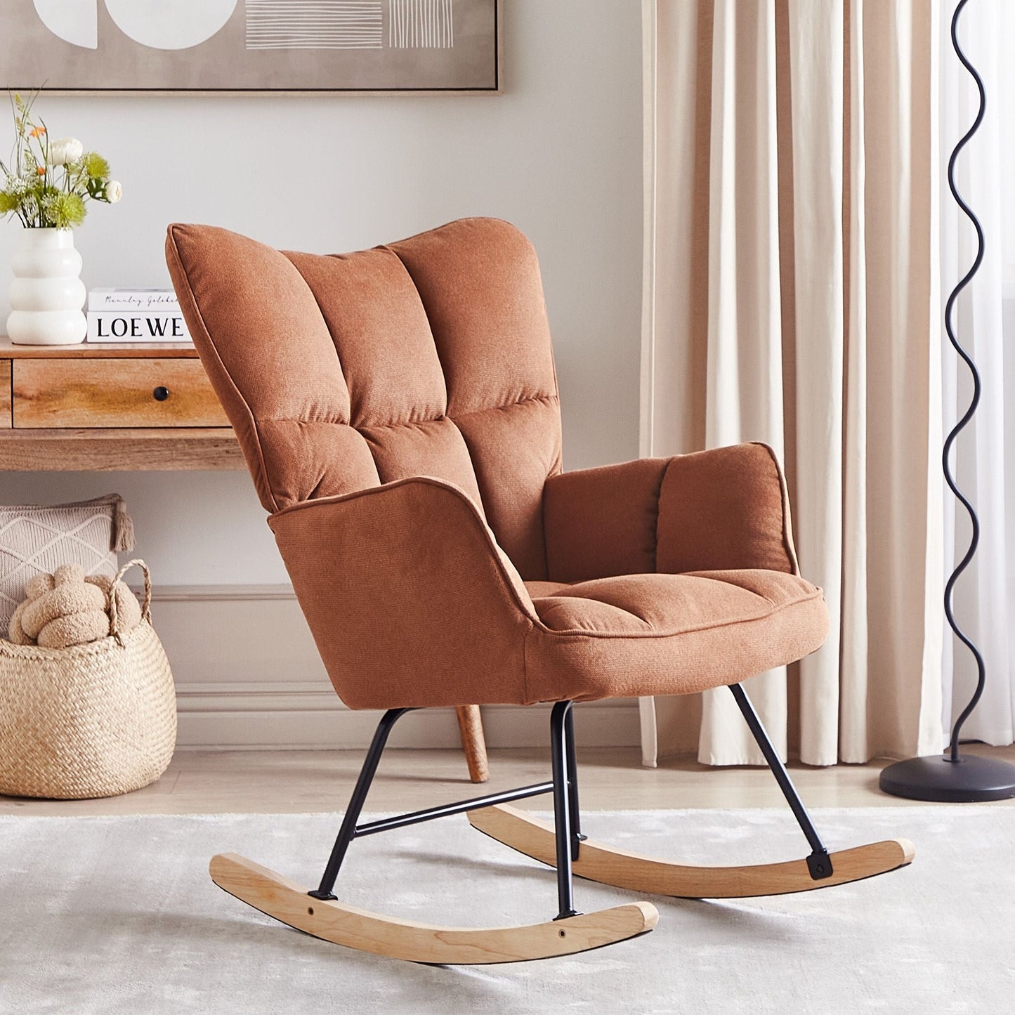 Rocking Chair Brown Fabric Biscuit Tufting With Wooden Legs