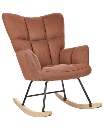 Rocking Chair Brown Fabric Biscuit Tufting With Wooden Legs
