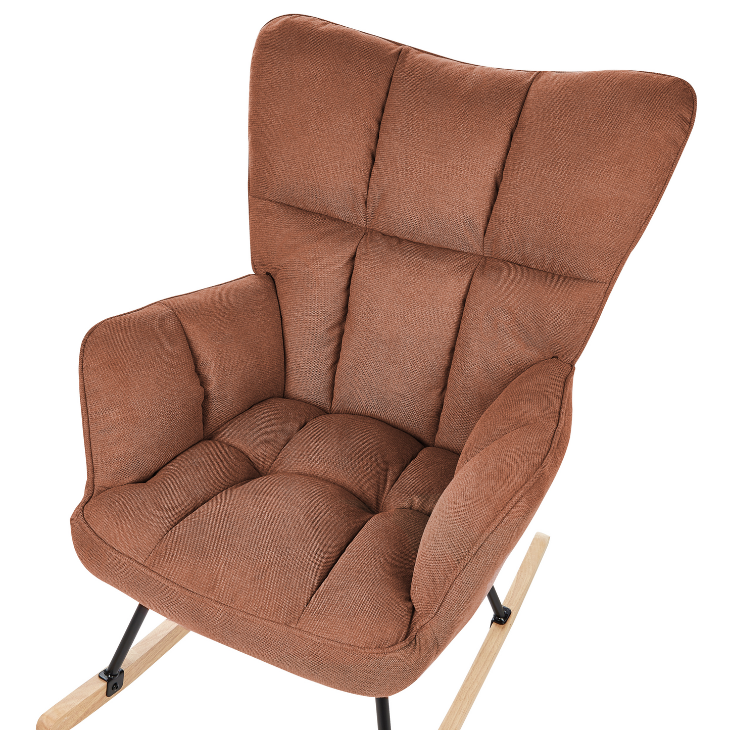 Rocking Chair Brown Fabric Biscuit Tufting With Wooden Legs