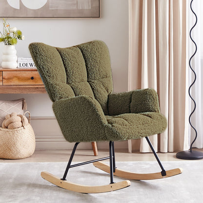 Dark Green Boucle Rocking Chair With Biscuit Tufting And Wooden Legs