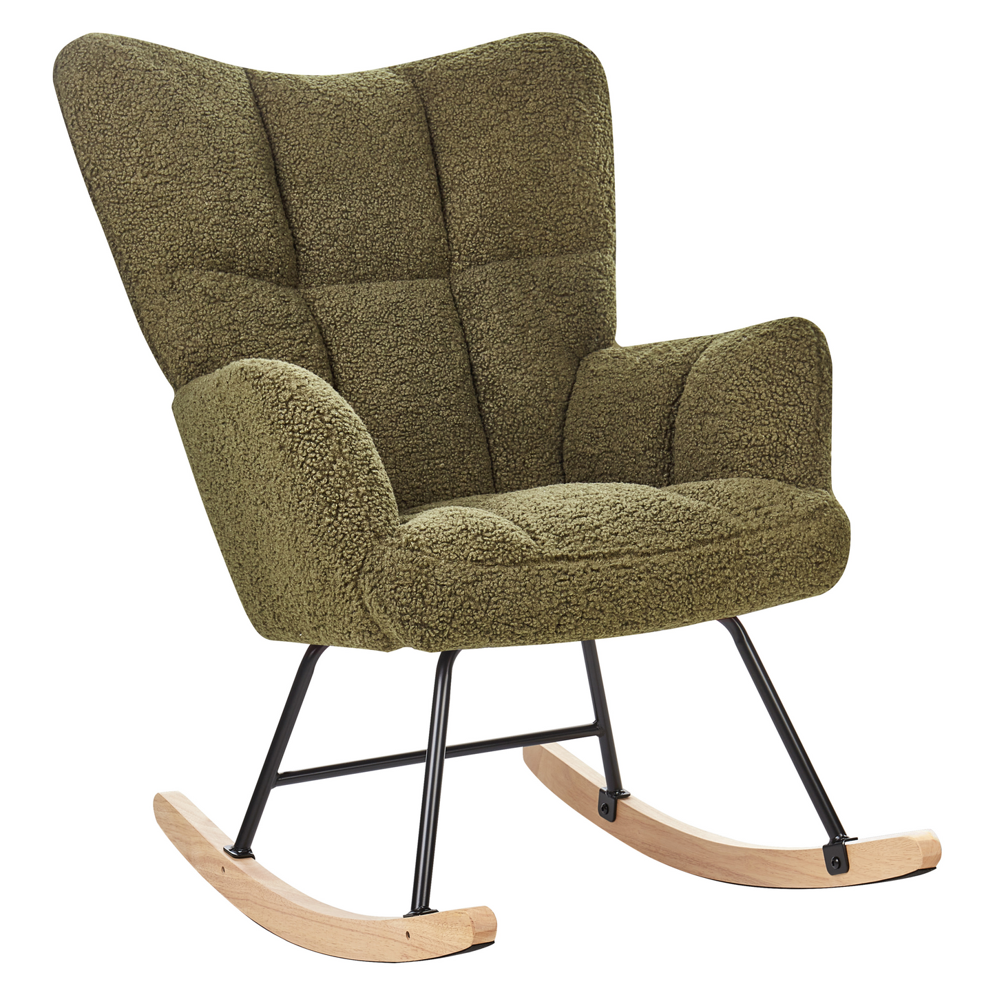 Dark Green Boucle Rocking Chair With Biscuit Tufting And Wooden Legs