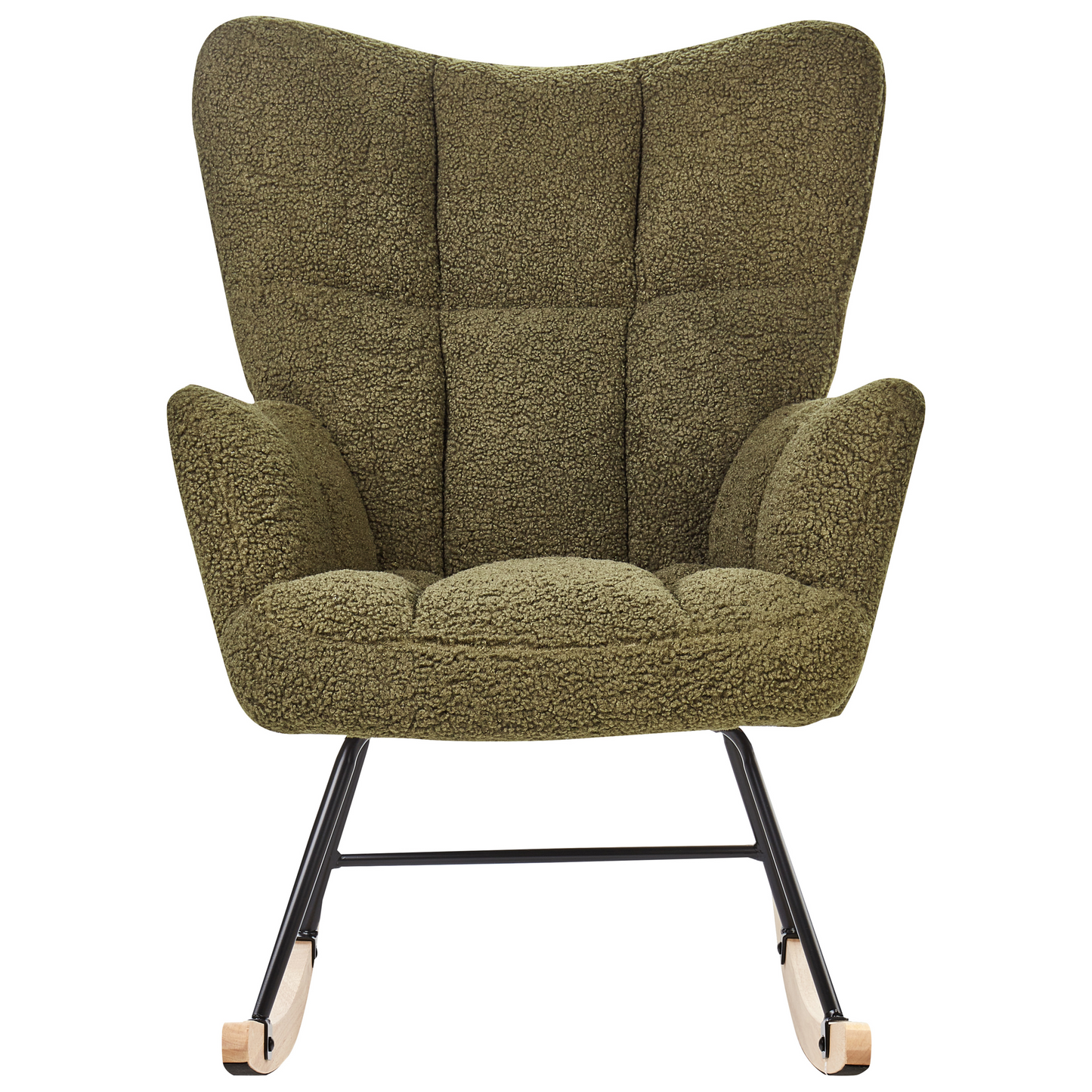 Dark Green Boucle Rocking Chair With Biscuit Tufting And Wooden Legs