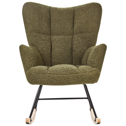 Dark Green Boucle Rocking Chair With Biscuit Tufting And Wooden Legs