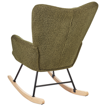 Dark Green Boucle Rocking Chair With Biscuit Tufting And Wooden Legs