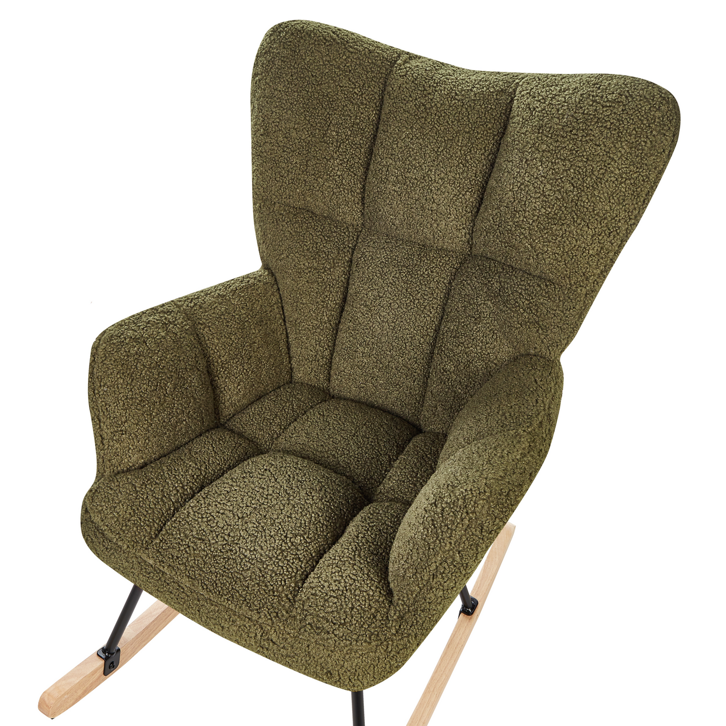 Dark Green Boucle Rocking Chair With Biscuit Tufting And Wooden Legs