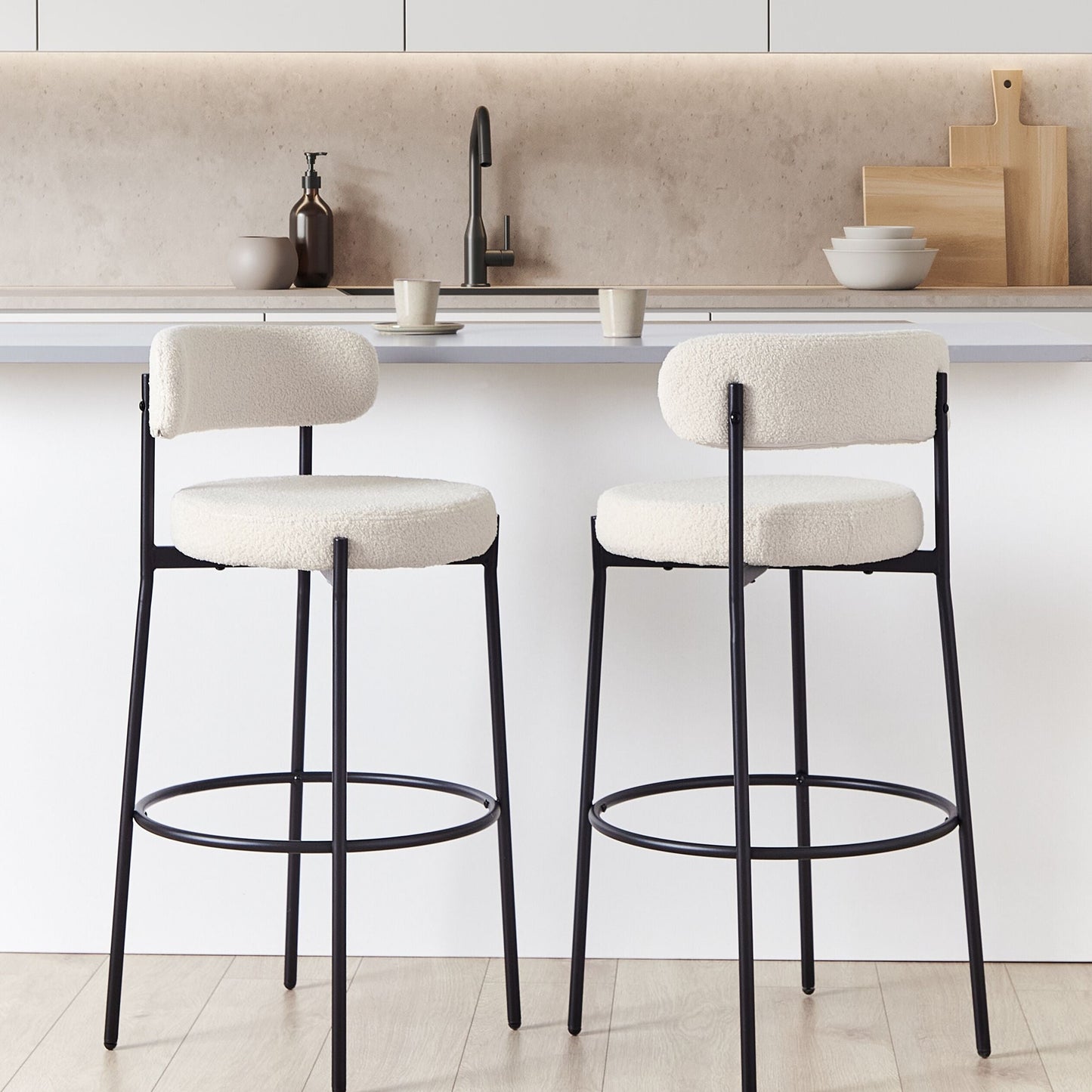 Living Set Of 2 White Boucle Bar Stools With Black Steel Legs Modern Dining Chairs