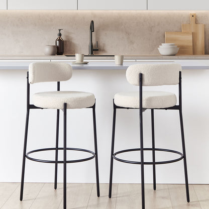Living Set Of 2 White Boucle Bar Stools With Black Steel Legs Modern Dining Chairs