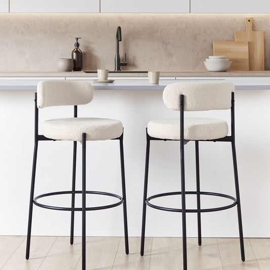 Living Set Of 2 White Boucle Bar Stools With Black Steel Legs Modern Dining Chairs