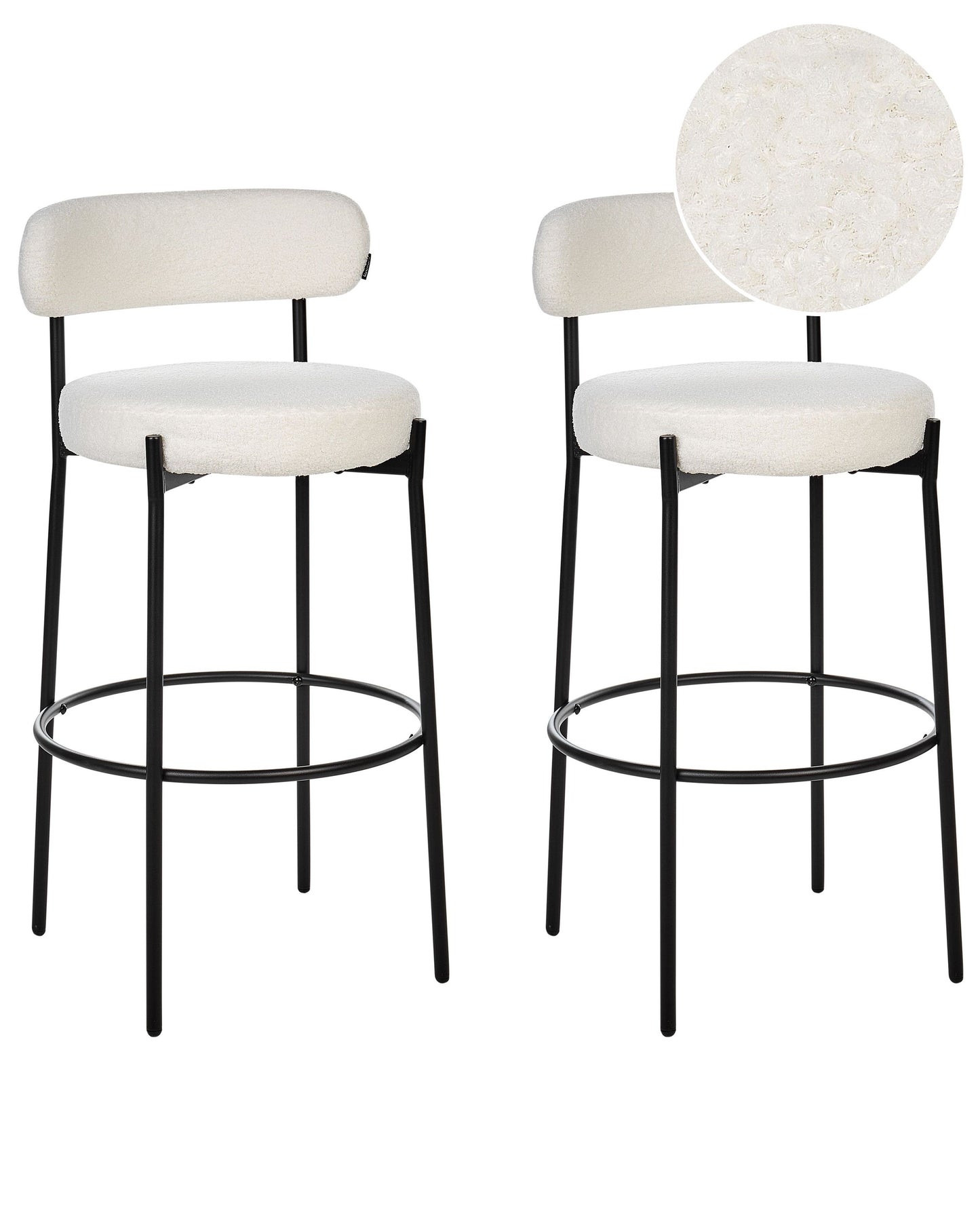 Living Set Of 2 White Boucle Bar Stools With Black Steel Legs Modern Dining Chairs