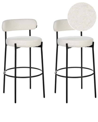 Living Set Of 2 White Boucle Bar Stools With Black Steel Legs Modern Dining Chairs