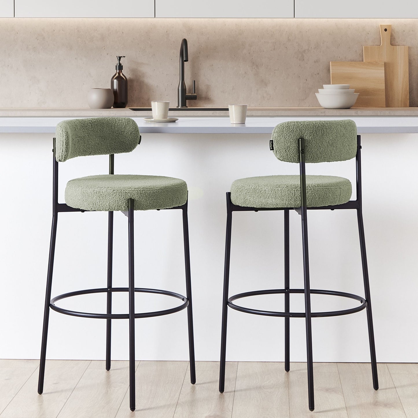 Set of 2 Light Green Boucle Bar Stools with Black Steel Legs Modern Dining