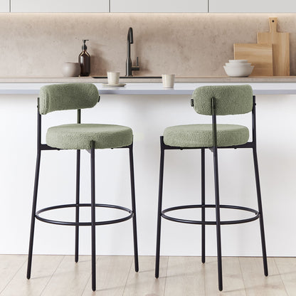 Set of 2 Light Green Boucle Bar Stools with Black Steel Legs Modern Dining