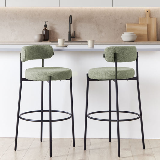 Set of 2 Light Green Boucle Bar Stools with Black Steel Legs Modern Dining
