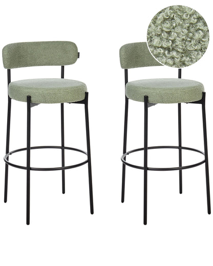 Set of 2 Light Green Boucle Bar Stools with Black Steel Legs Modern Dining