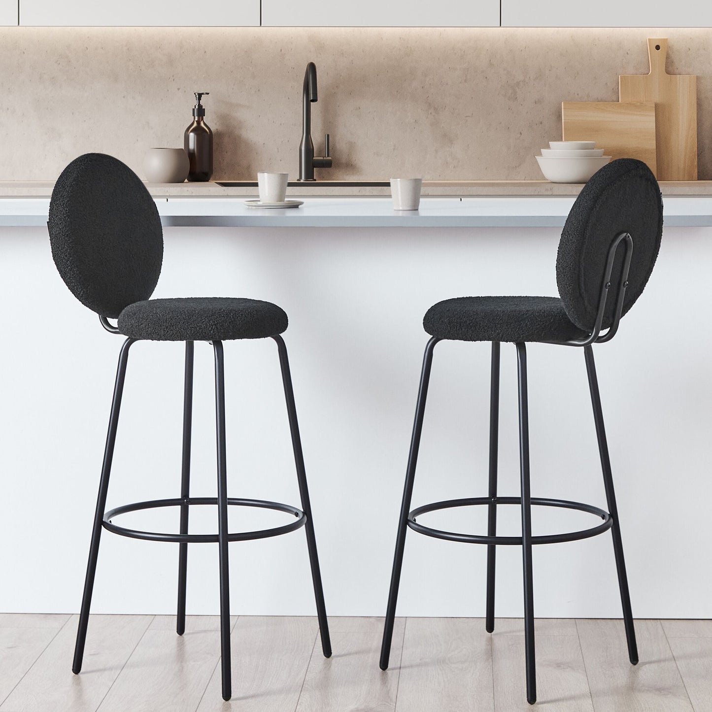 Bar Stools Set of 2 Black Boucle with Steel Legs