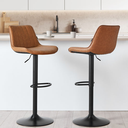 Brown Faux Leather Bar Stool Set Of 2 Height Adjustable Swivel With Footrest