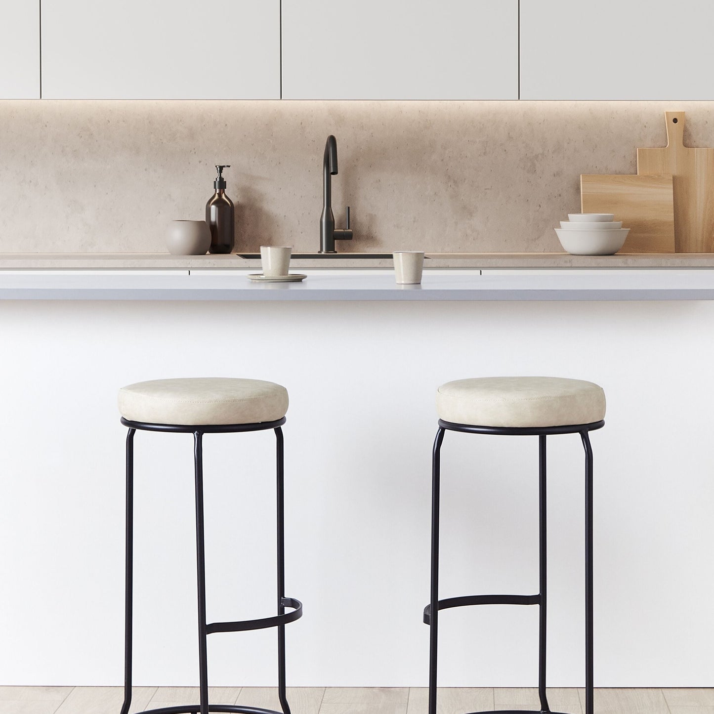 Beige Faux Leather Bar Stools Set of 2 With Black Legs