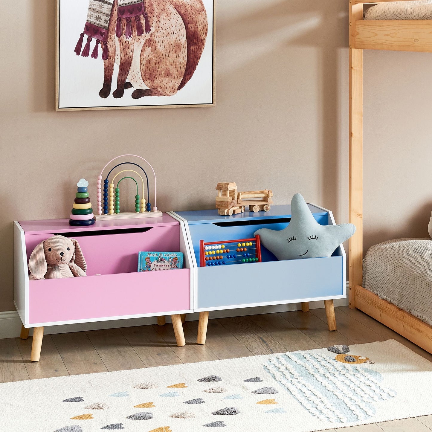 BrightNest Pink Kids Storage Cabinet Box With Lid MDF Rubberwood Legs