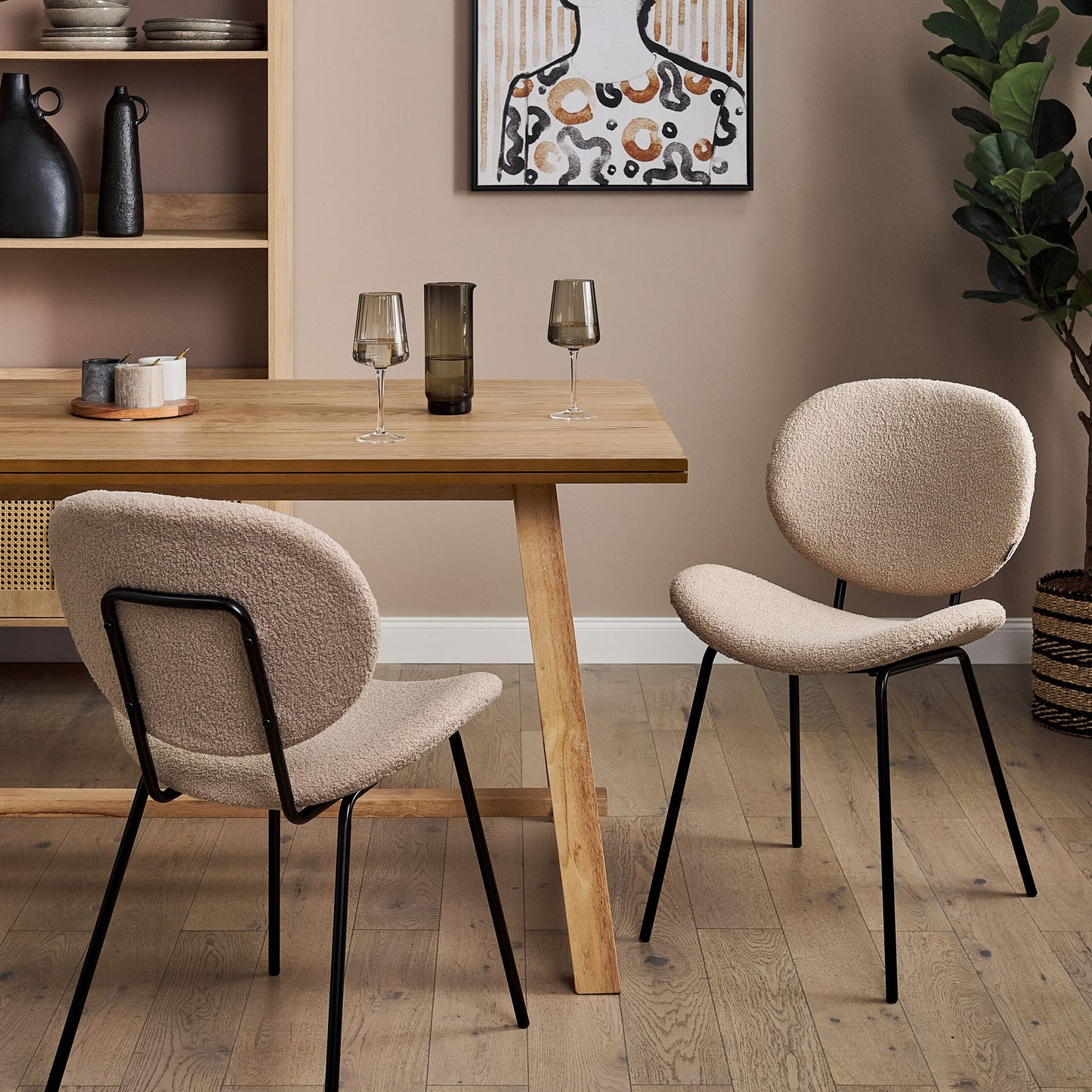 Taupe Boucle Dining Chairs Set Of 2 Armless Black Iron Legs