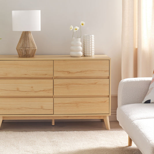6 Drawer Chest Light Brown Pine Wood Legs Modern