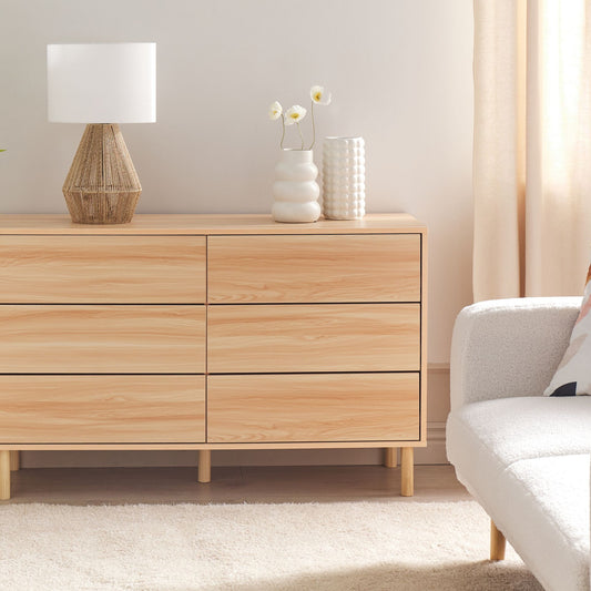 Chest Of Drawers Light Brown Particle Board 6 Drawers With Rubber Wood Legs Modern Design