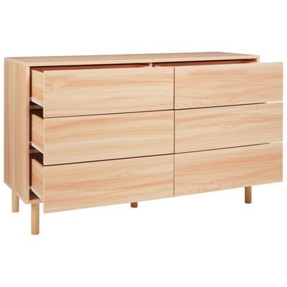 Chest Of Drawers Light Brown Particle Board 6 Drawers With Rubber Wood Legs Modern Design