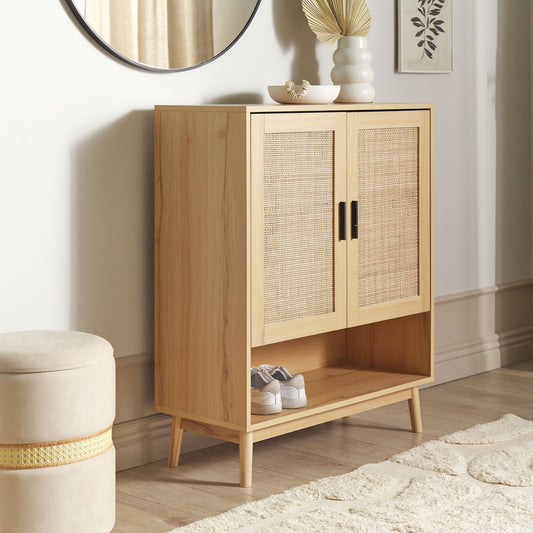 Rattan Front Sideboard with Two Doors in Light Brown Wood