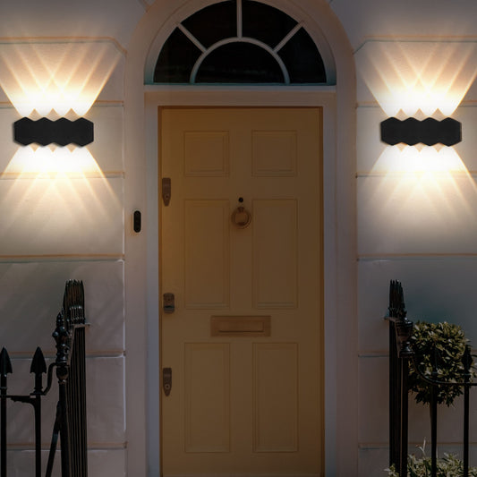 Outdoor Wall LED Light Lamps Set Of 2 Black Aluminium Glass Hexagonal 21cm