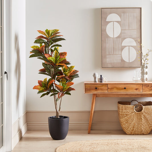 Croton Faux Plant 140cm Potted Indoor Decor With Lifelike Green And Black Leaves