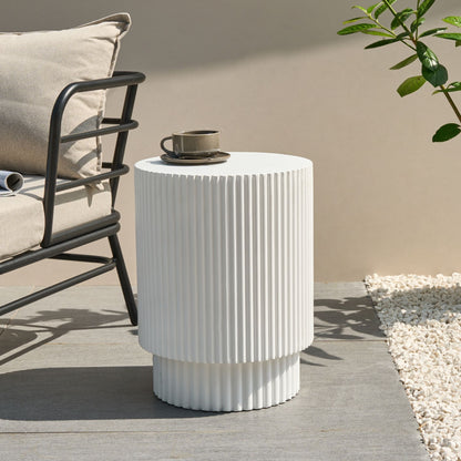 Accent Side Table White Round Top Ribbed Outdoor