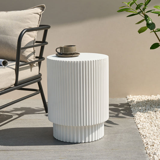 Accent Side Table White Round Top Ribbed Outdoor