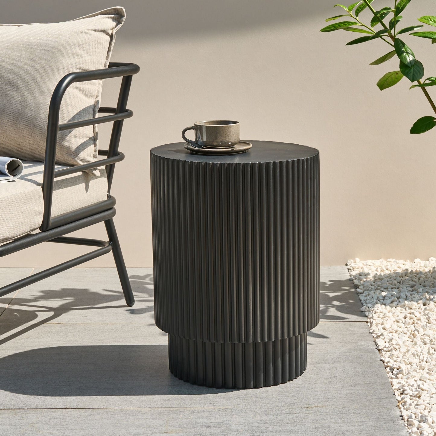 Accent Side Table Black Round Top Ribbed Outdoor Boho Modern