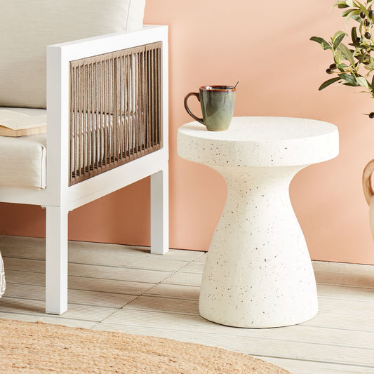 Accent Side Table White Fiberglass Outdoor Terrazzo Finish Weather Resistant Modern Living Room