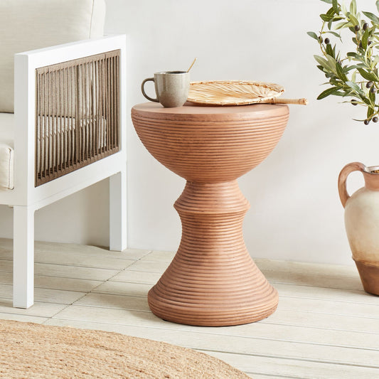 Accent Side Table Light Brown Fiberglass Round 40cm Wood Effect Outdoor Indoor
