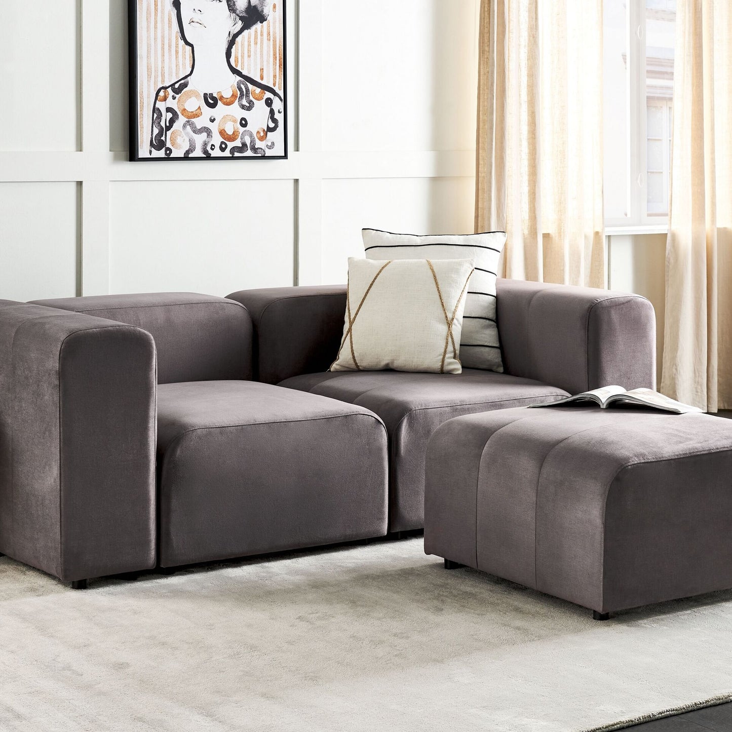 Dark Grey Velvet Ottoman Footstool Minimalist