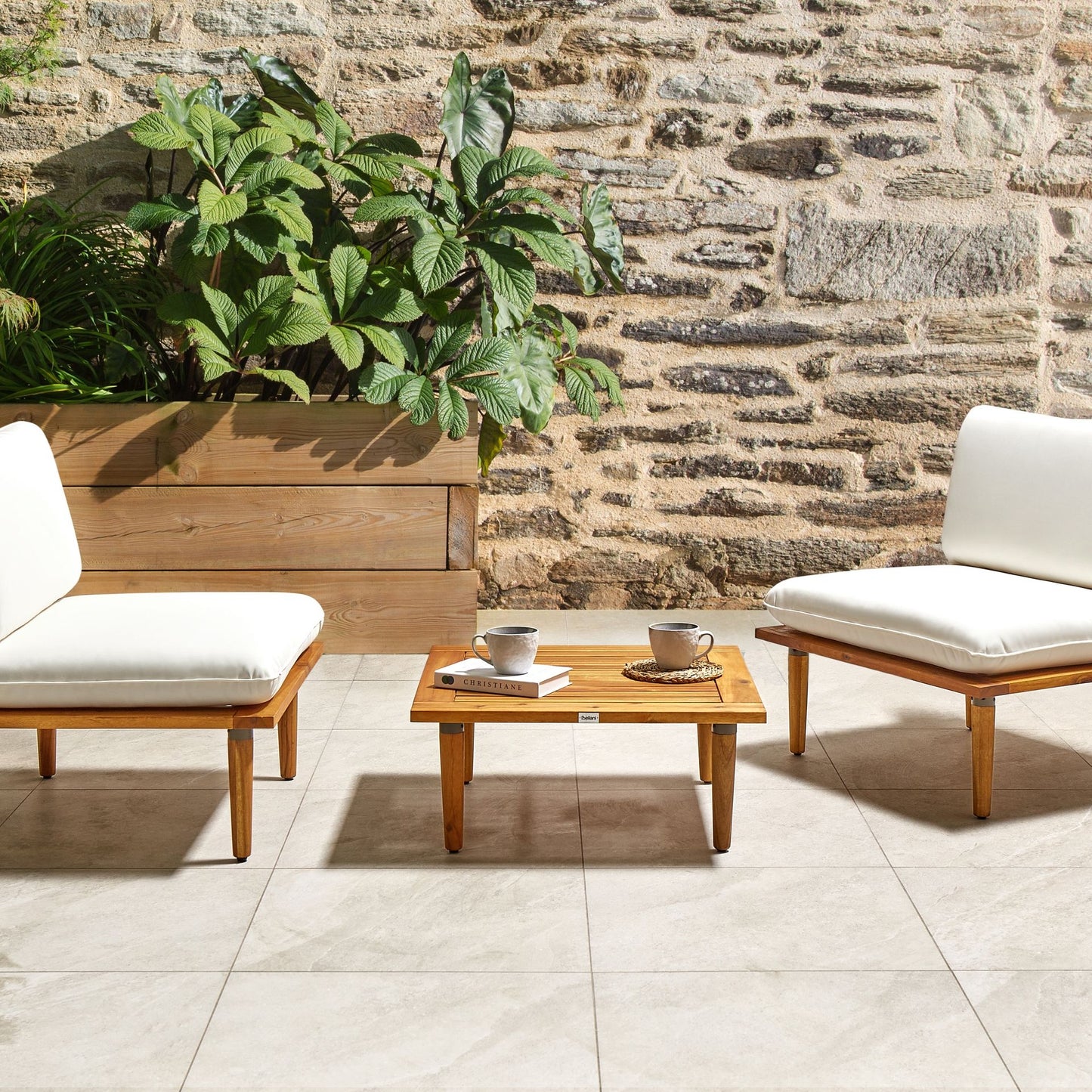 Acacia Wood Garden Sofa Set With Off White Cushions Modern Outdoor 2 Seater Armchairs And Table