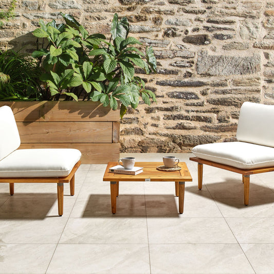Acacia Wood Garden Sofa Set With Off White Cushions Modern Outdoor 2 Seater Armchairs And Table