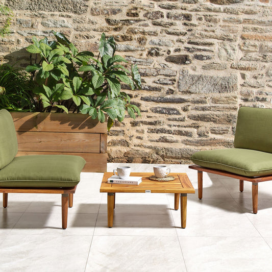 Olive Green Acacia Wood 2 Seat Sofa Set With Table