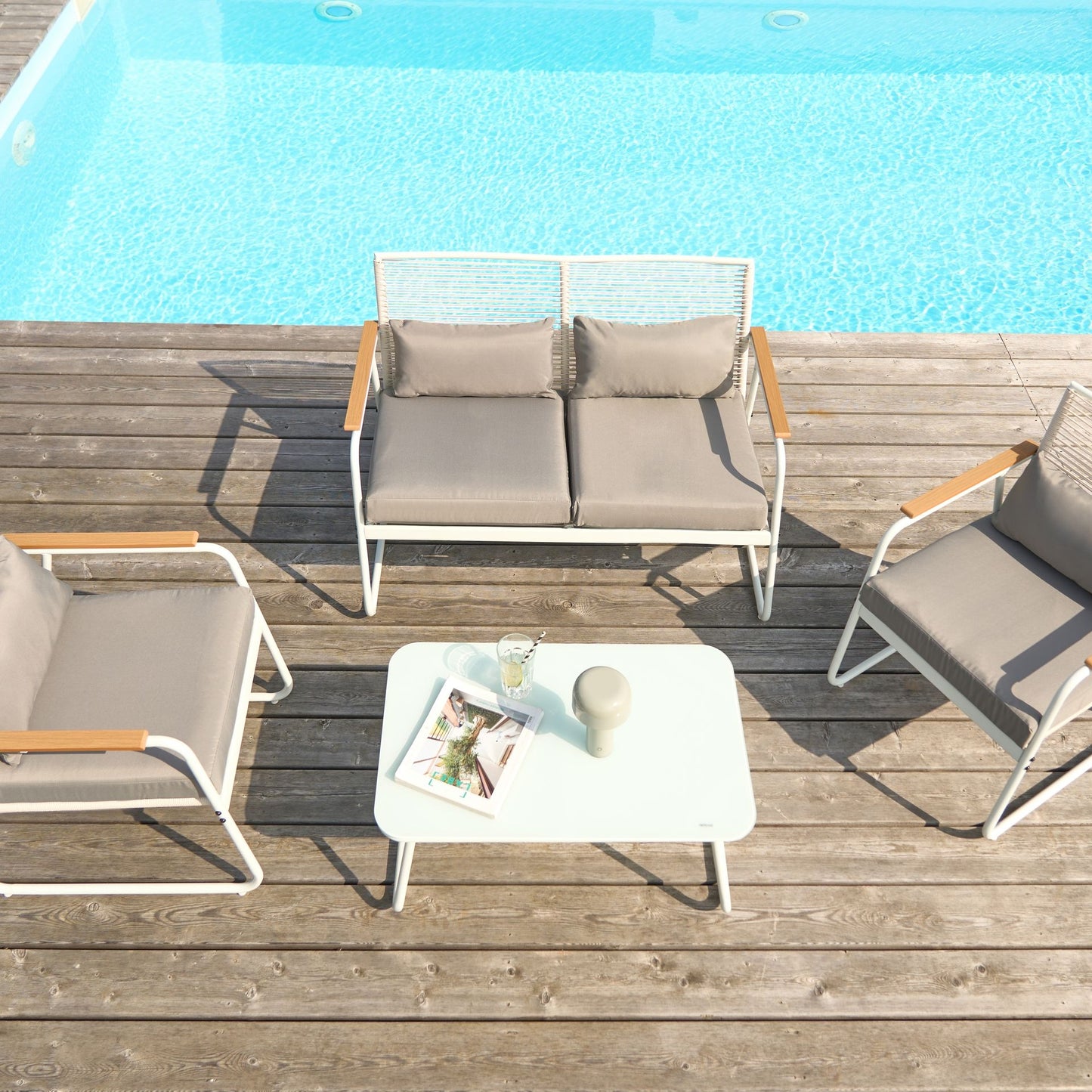 Garden Set White Steel Lounge Set 4 Seater With Grey Cushions Table