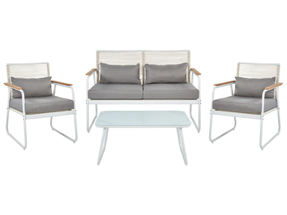 Garden Set White Steel Lounge Set 4 Seater With Grey Cushions Table