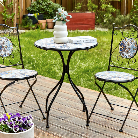 Garden Luxe Black Metal Garden Bistro Table 60cm Mosaic Tile Top Vintage Outdoor