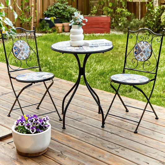 Set Of 2 Folding Black Metal Mosaic Patio Chairs