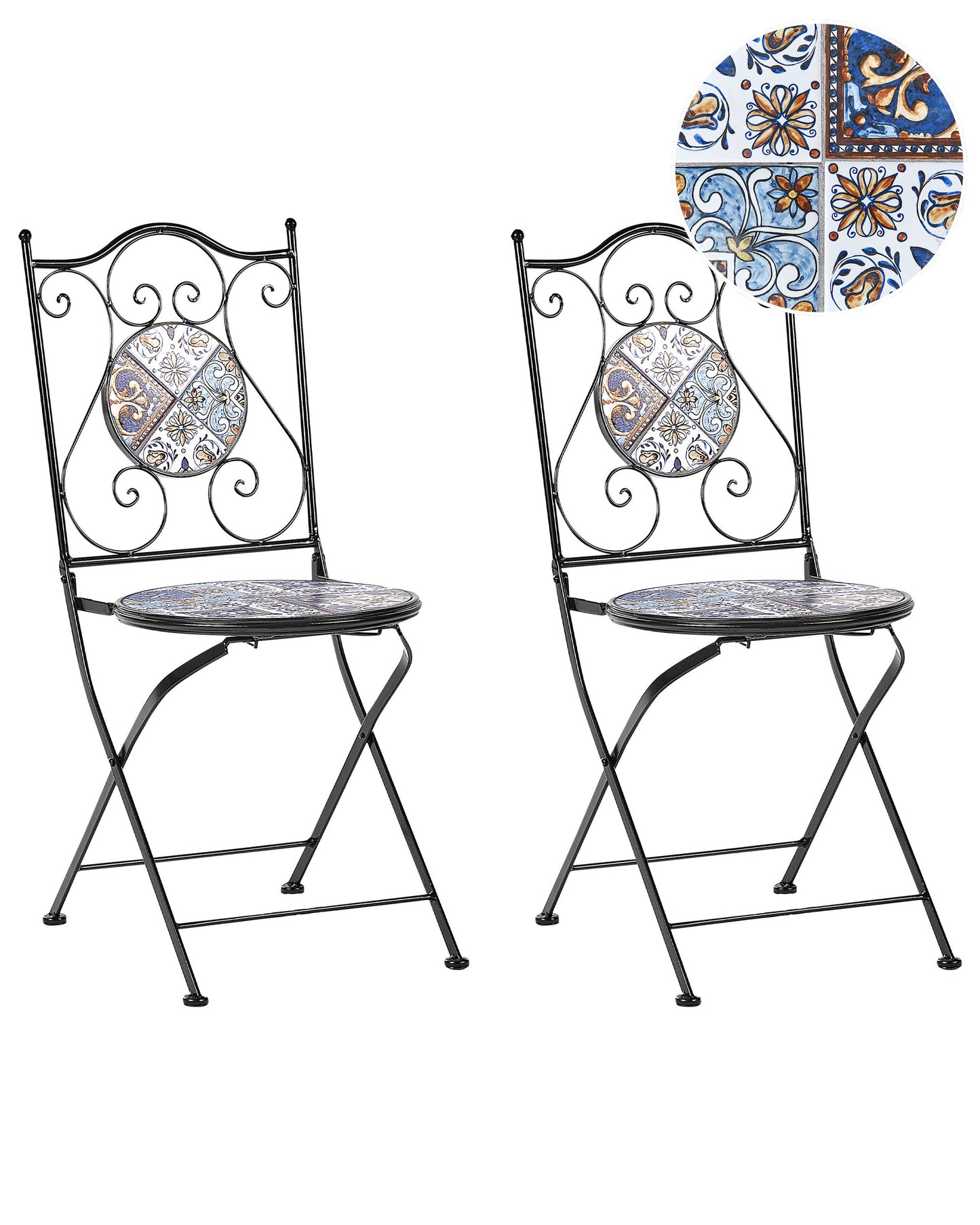 Set Of 2 Folding Black Metal Mosaic Patio Chairs