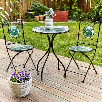 Set of 2 Black Metal Folding Garden Chairs With Green Mosaic Tiles