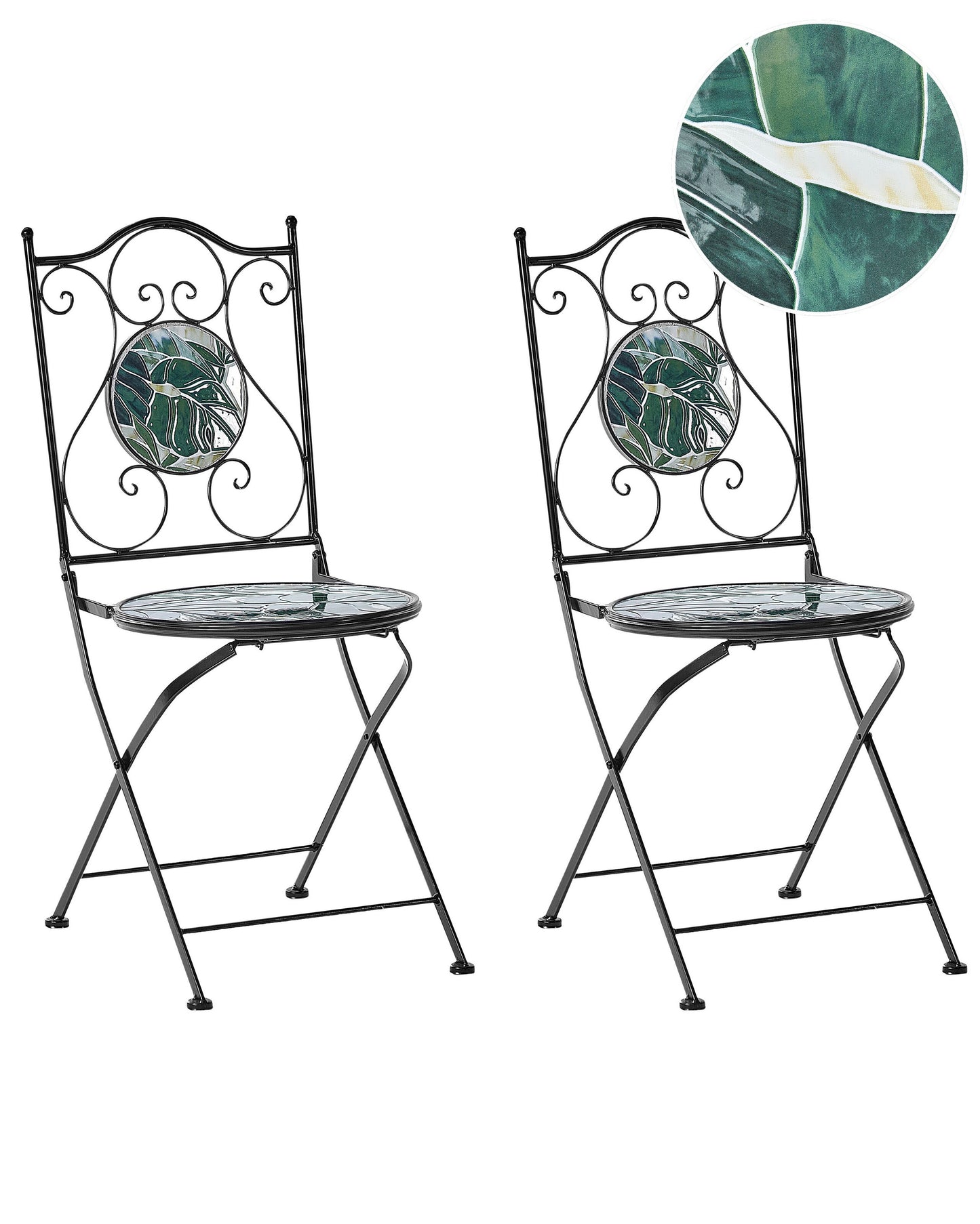 Set of 2 Black Metal Folding Garden Chairs With Green Mosaic Tiles