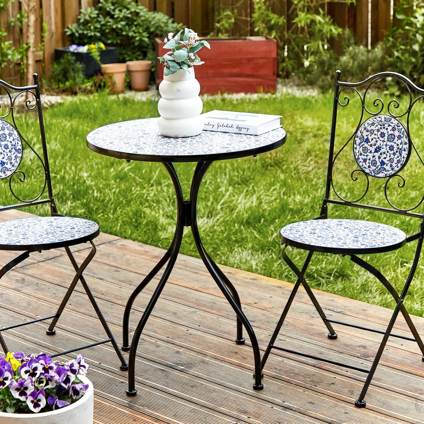Vintage Garden Bistro Table Black Metal Frame 60cm Blue Mosaic Tiles Pattern Tabletop Outdoor