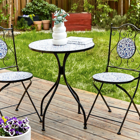 Vintage Garden Bistro Table Black Metal Frame 60cm Blue Mosaic Tiles Pattern Tabletop Outdoor