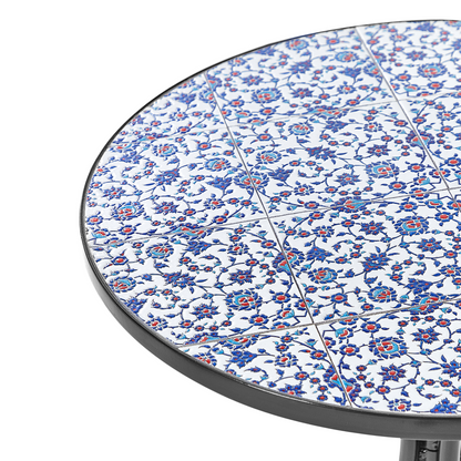 Vintage Garden Bistro Table Black Metal Frame 60cm Blue Mosaic Tiles Pattern Tabletop Outdoor