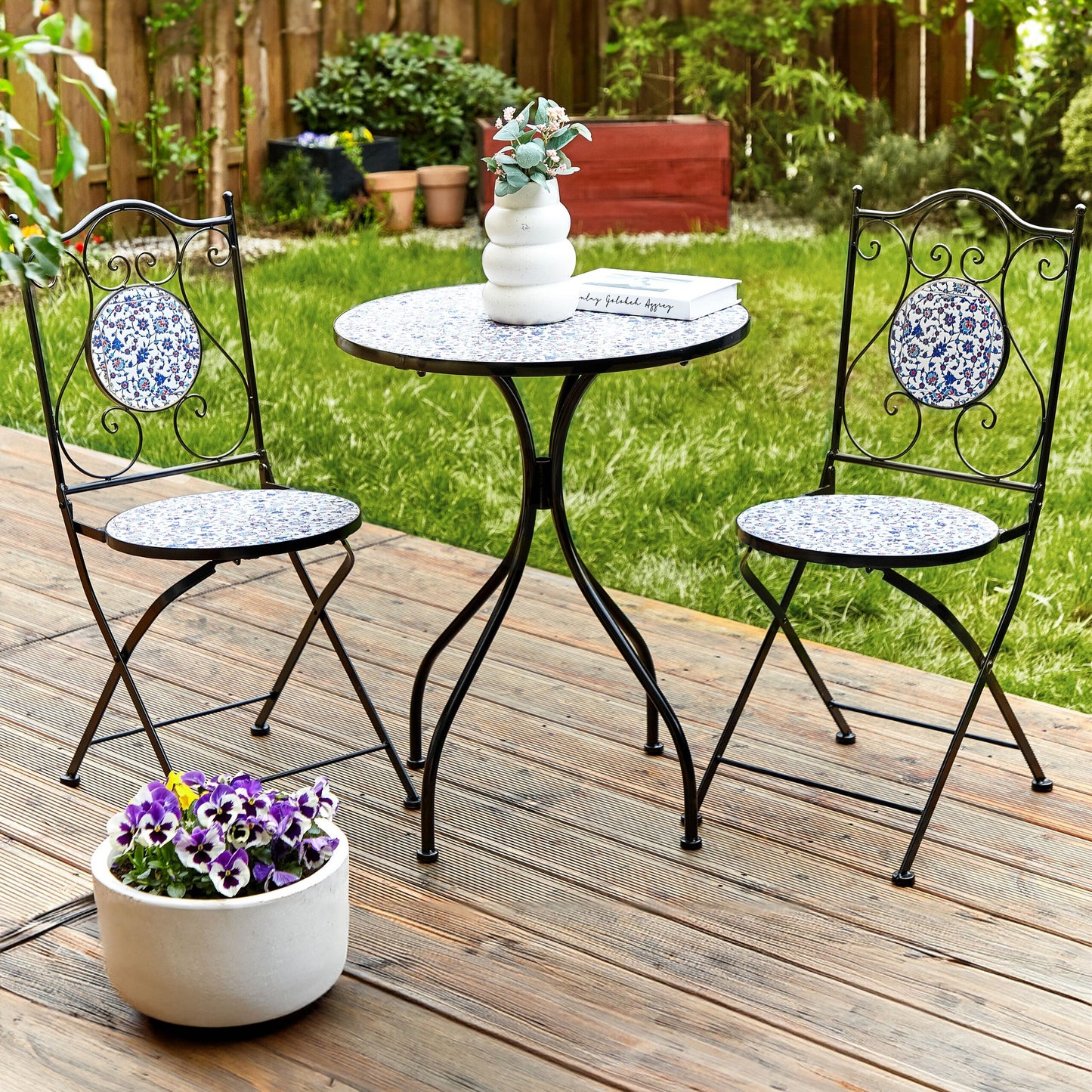 Set Of 2 Folding Garden Chairs Black Iron Frame BlueTiles