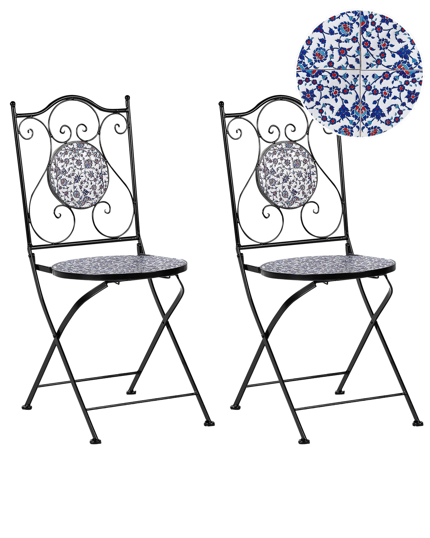 Set Of 2 Folding Garden Chairs Black Iron Frame BlueTiles